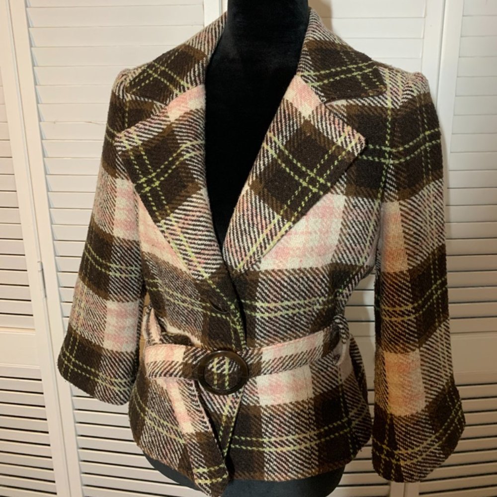 CAbi Brown & Pink Plaid Cropped Wool Blend Coat